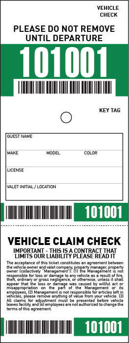 3 Part Barcoded Valet Ticket (3in x 8in)