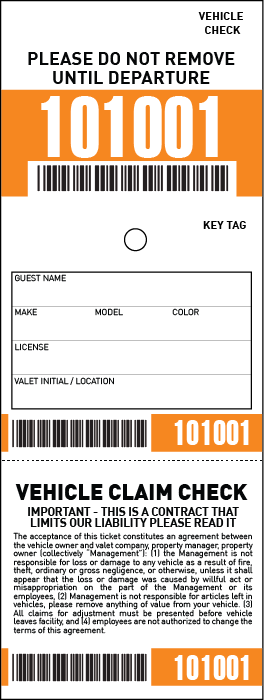 3 Part Barcoded Valet Ticket (3in x 8in)